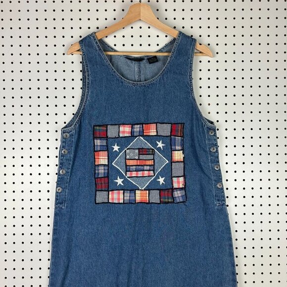 Agapo Dresses & Skirts - 90s Denim Jean Dress Women's Medium Quilt Patchwork Stitched‎ USA Flag Red White